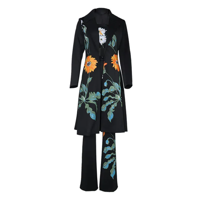 Elegant Floral Print Long Trench Coat Set for Women - Perfect for Autumn and Winter