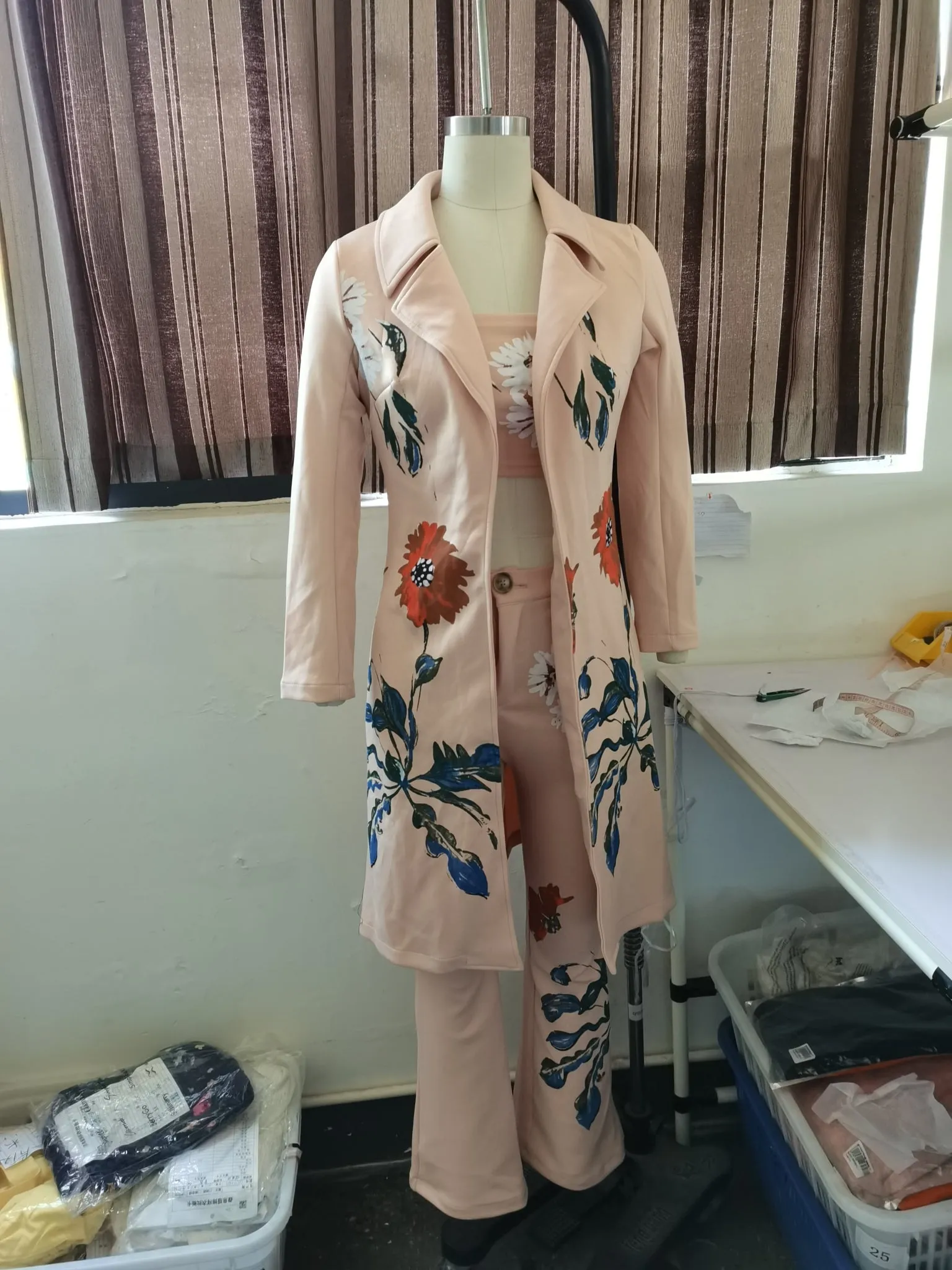 Elegant Floral Print Long Trench Coat Set for Women - Perfect for Autumn and Winter