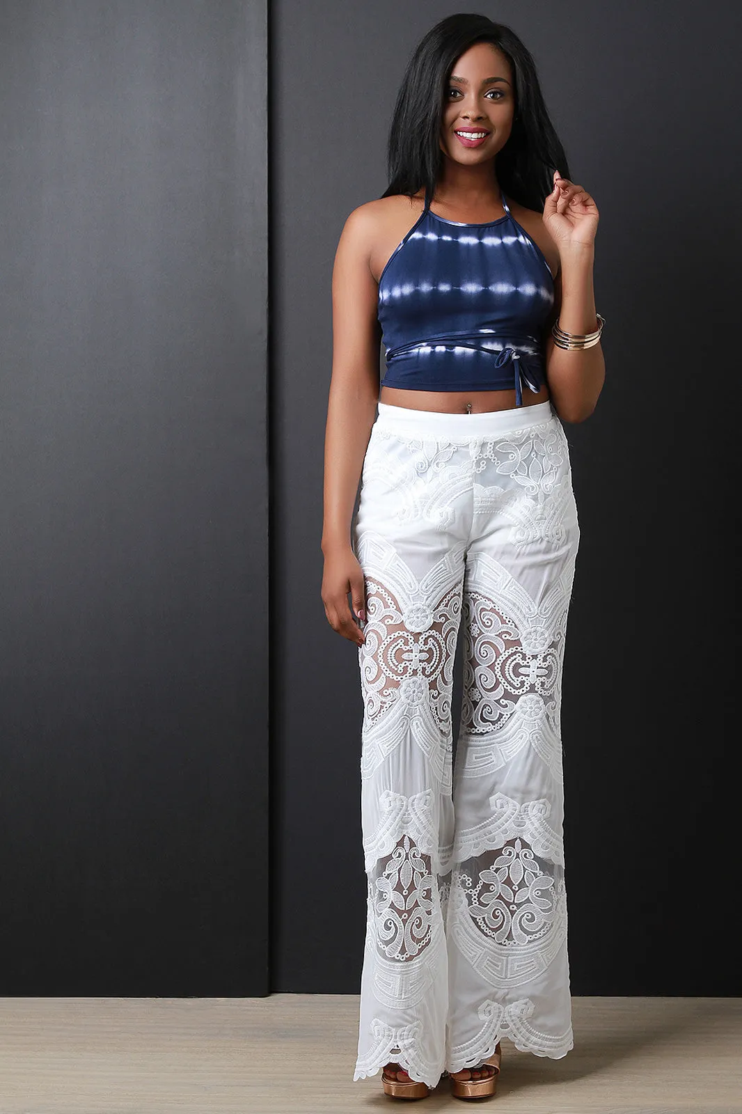 Embroidered Scalloped Hem Palazzo Pants