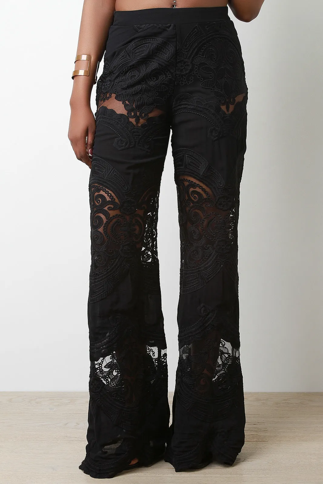 Embroidered Scalloped Hem Palazzo Pants