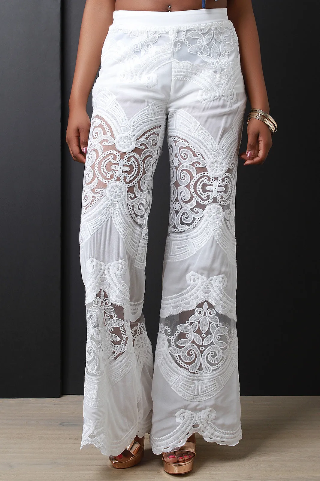 Embroidered Scalloped Hem Palazzo Pants