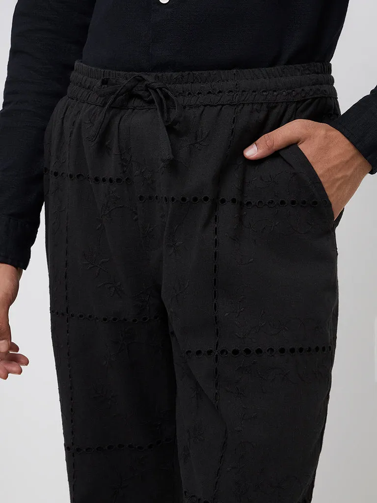 ETA Black Embroidered Relaxed-Fit Mid-Rise Chinos