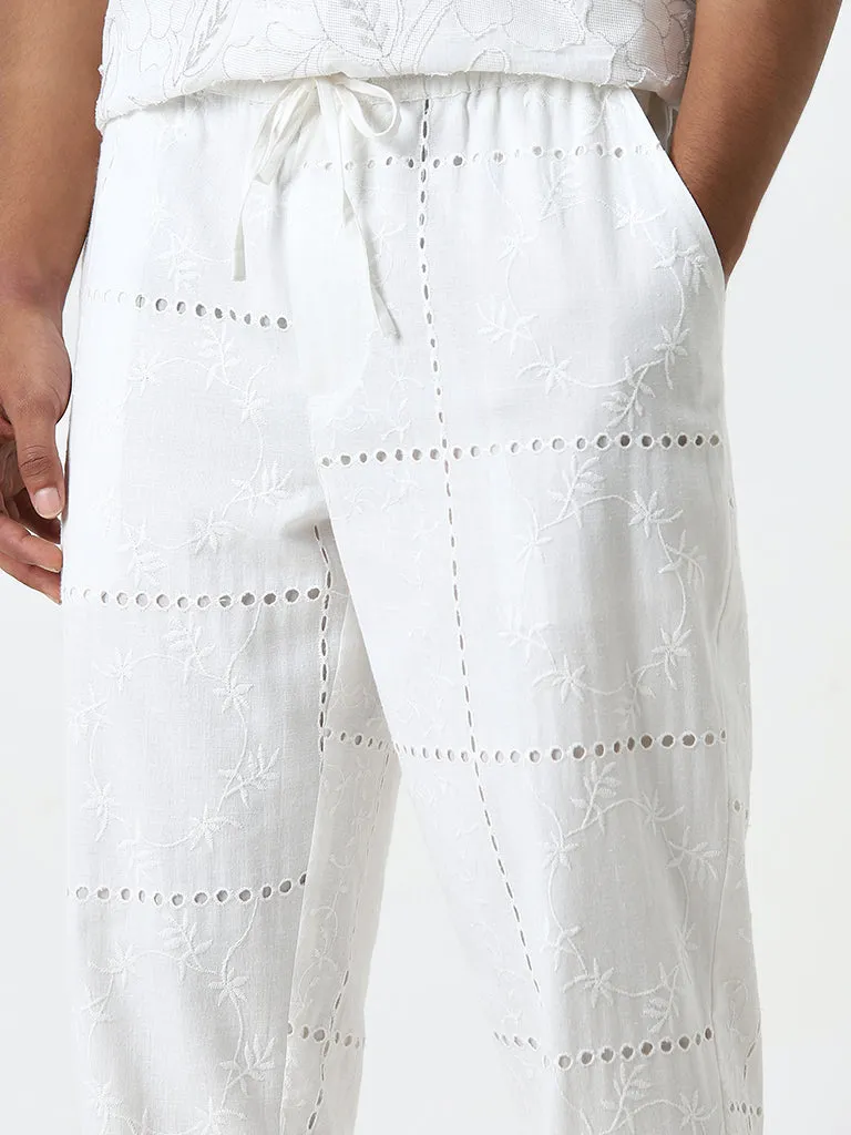 ETA White Embroidered Relaxed-Fit Mid-Rise Chinos