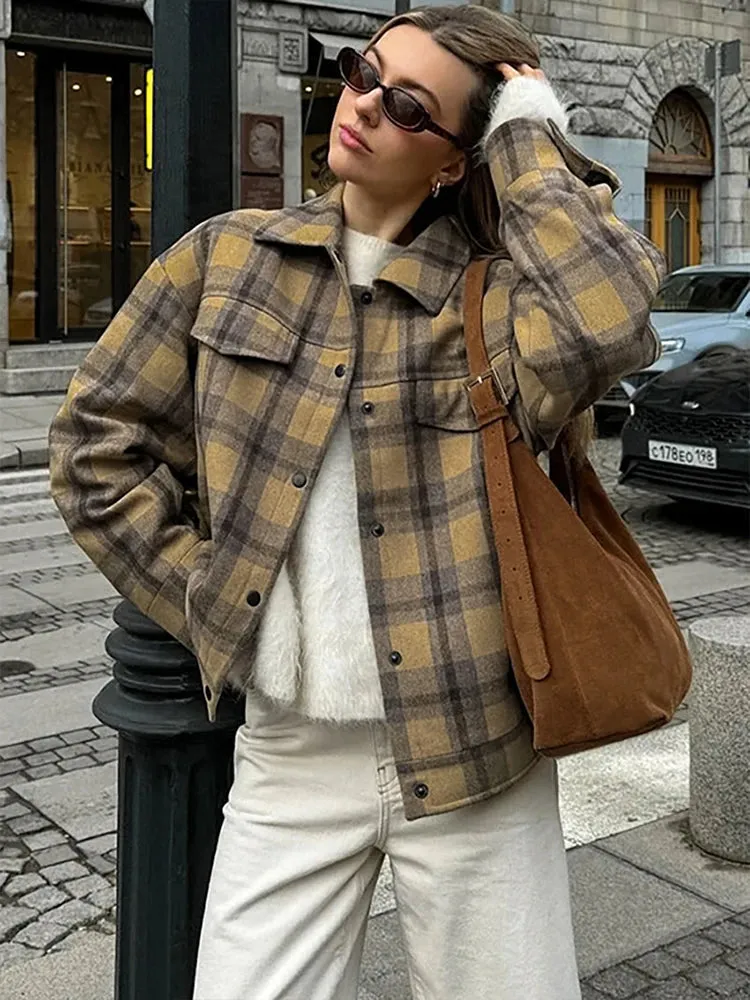 Fashionkova 2024 Winter Autumn Women Woolen Jacket Plaid Khaki Long Sleeve Tops Outwear Coat For Women