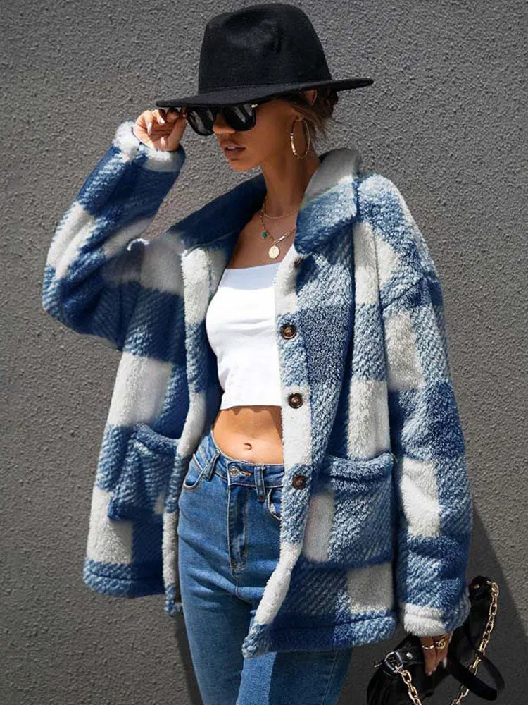 Fashionkova  Autumn Winter Plaid Faux Fur Coat Women Checkered Thick Warm Jacket Women Furry Fluffy Teddy Jacket Plush Coat Ladies