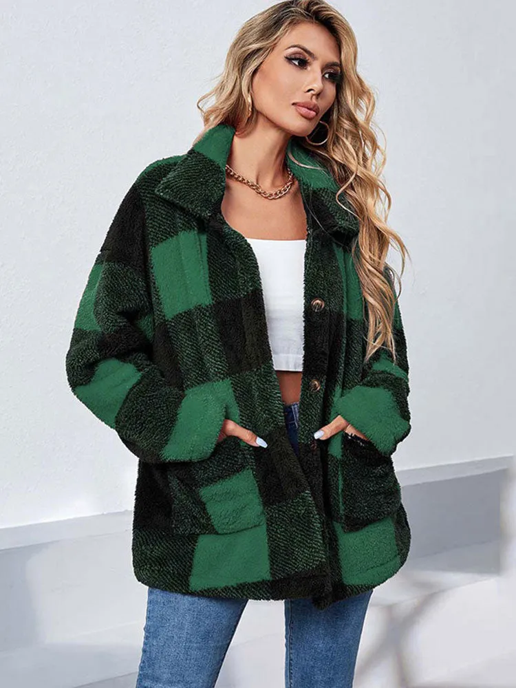 Fashionkova  Autumn Winter Plaid Faux Fur Coat Women Checkered Thick Warm Jacket Women Furry Fluffy Teddy Jacket Plush Coat Ladies