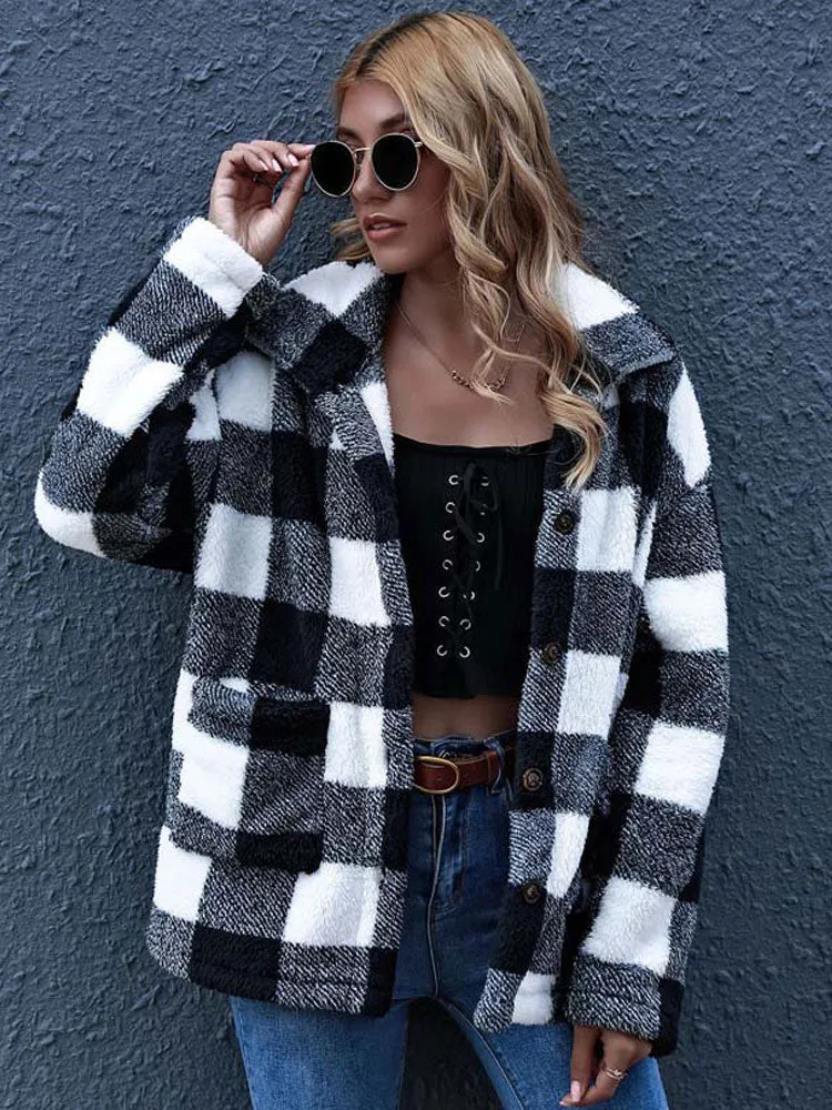 Fashionkova  Autumn Winter Plaid Faux Fur Coat Women Checkered Thick Warm Jacket Women Furry Fluffy Teddy Jacket Plush Coat Ladies