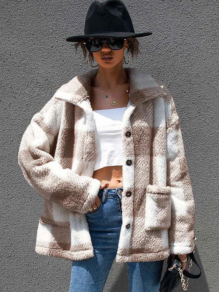 Fashionkova  Autumn Winter Plaid Faux Fur Coat Women Checkered Thick Warm Jacket Women Furry Fluffy Teddy Jacket Plush Coat Ladies