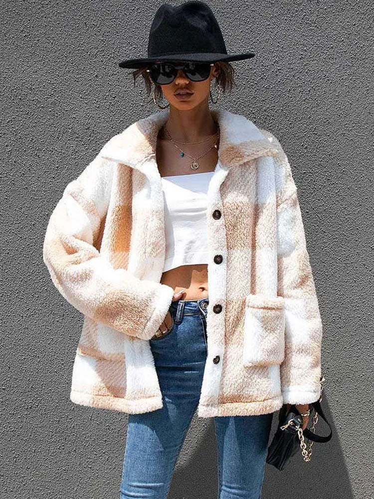 Fashionkova  Autumn Winter Plaid Faux Fur Coat Women Checkered Thick Warm Jacket Women Furry Fluffy Teddy Jacket Plush Coat Ladies