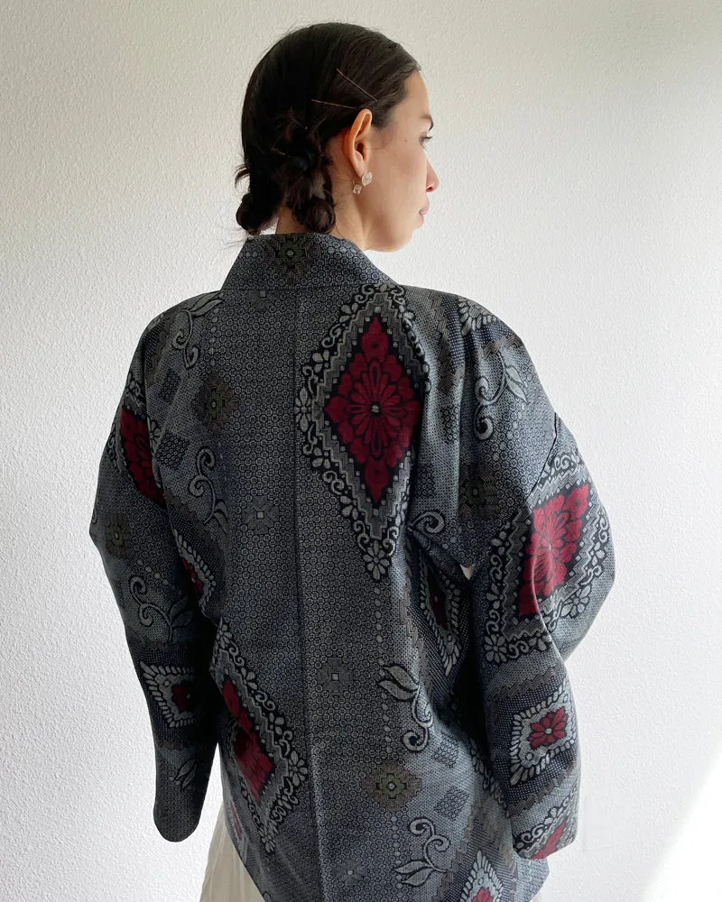 Flower Pattern Oshima Tsumugi Haori Kimono Jacket