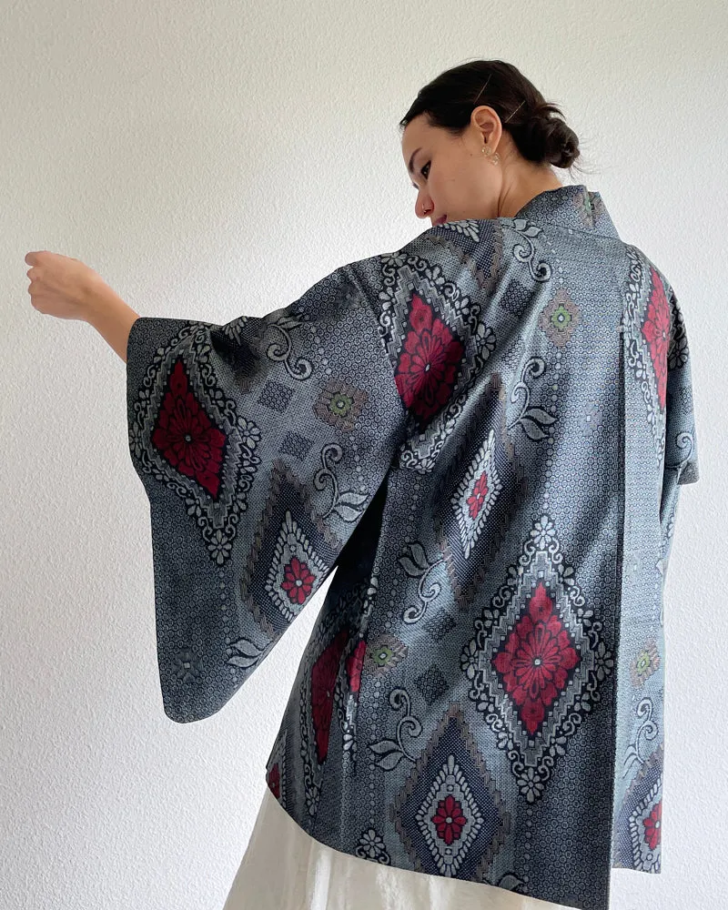 Flower Pattern Oshima Tsumugi Haori Kimono Jacket