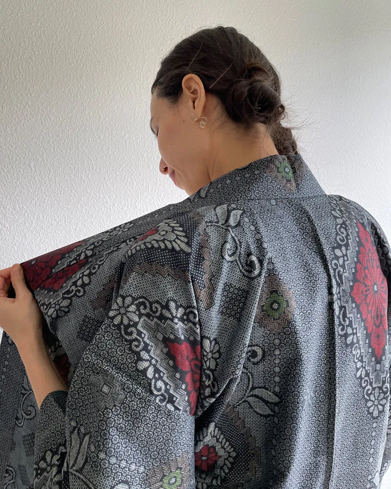 Flower Pattern Oshima Tsumugi Haori Kimono Jacket