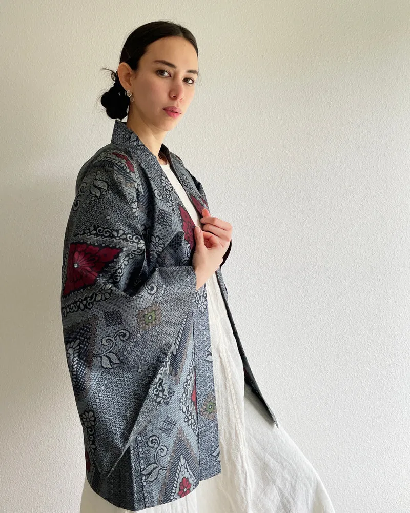 Flower Pattern Oshima Tsumugi Haori Kimono Jacket