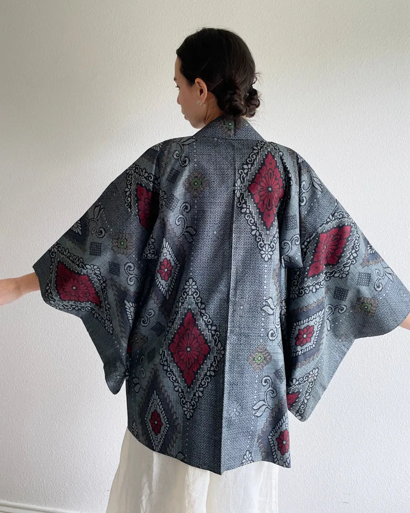 Flower Pattern Oshima Tsumugi Haori Kimono Jacket