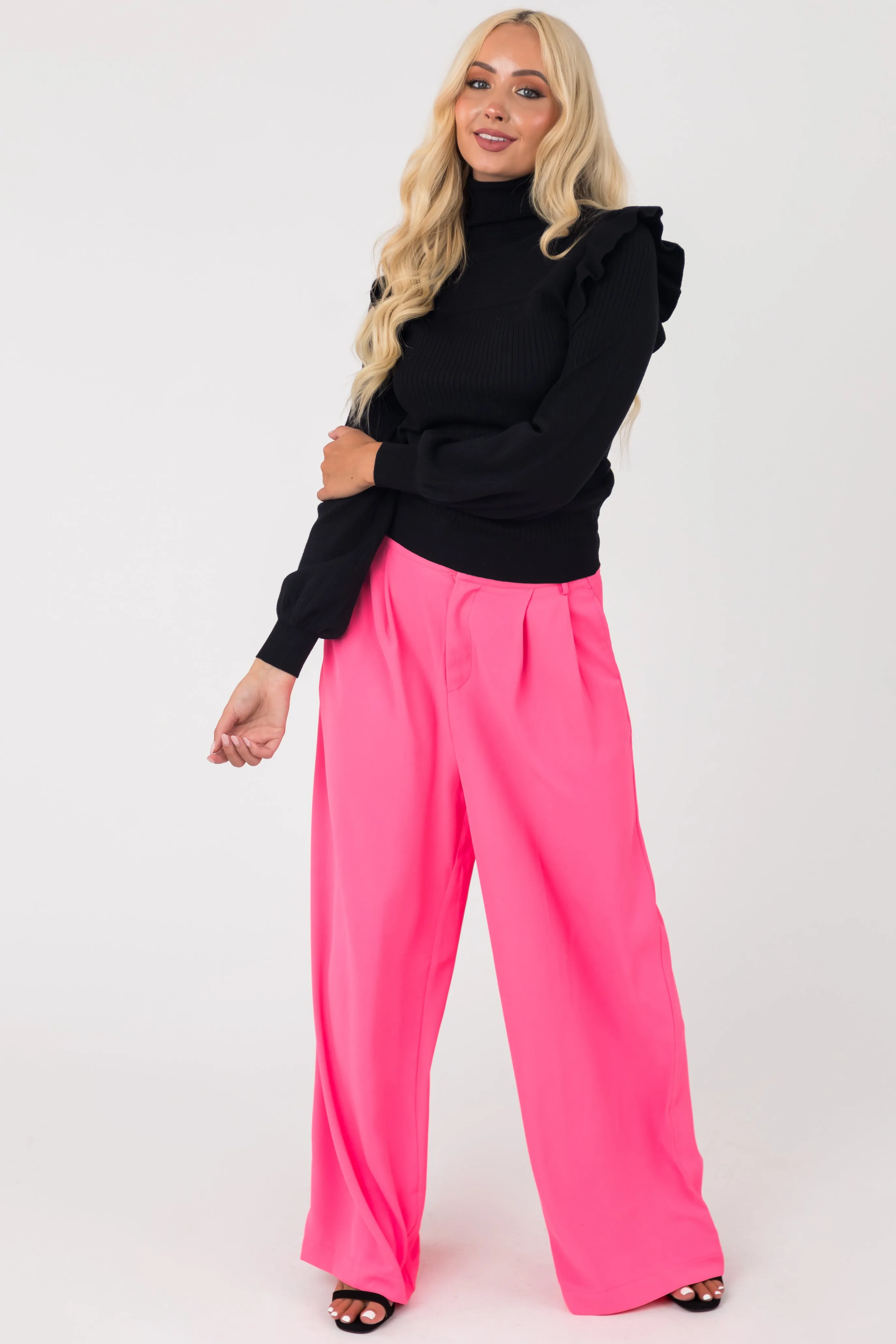 Flying Tomato Neon Pink High Waisted Wide Leg Woven Pants