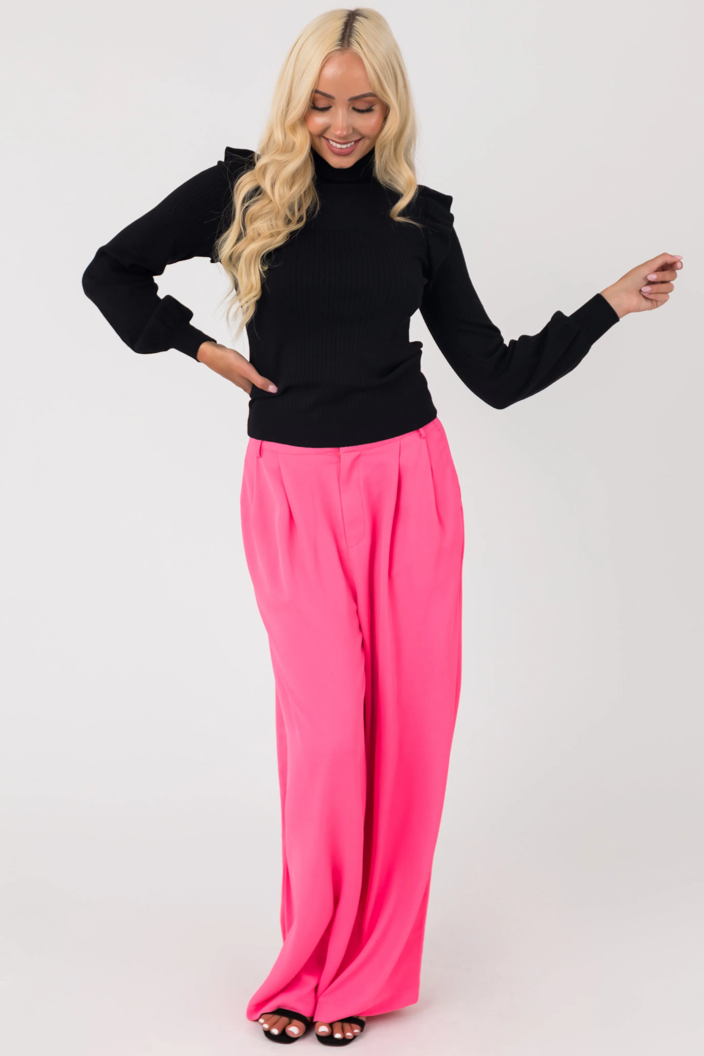 Flying Tomato Neon Pink High Waisted Wide Leg Woven Pants