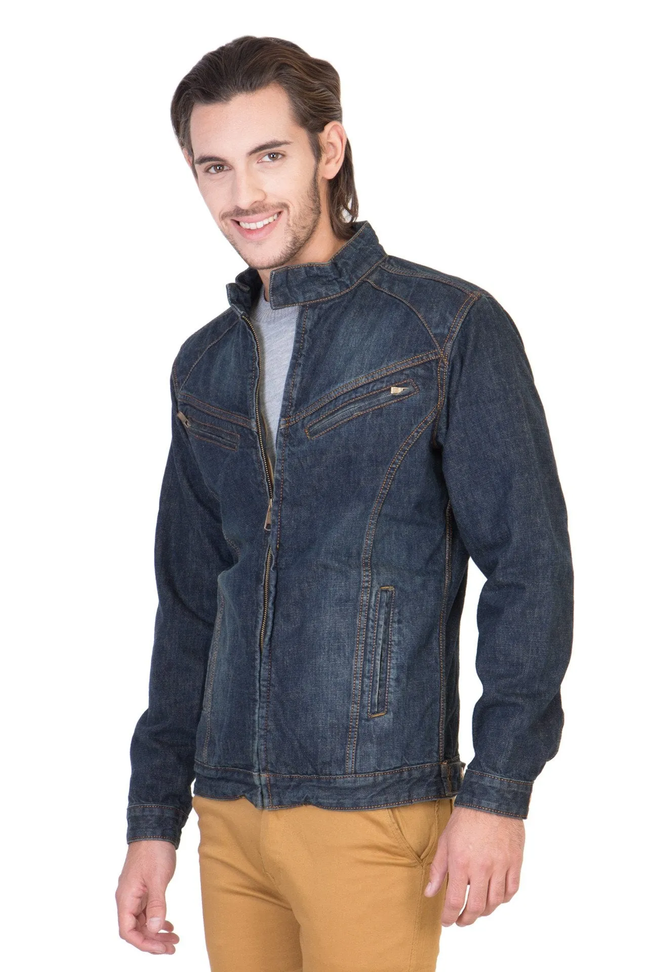 Full Sleeve Tinted Blue Men's Denim Jacket with Zipper