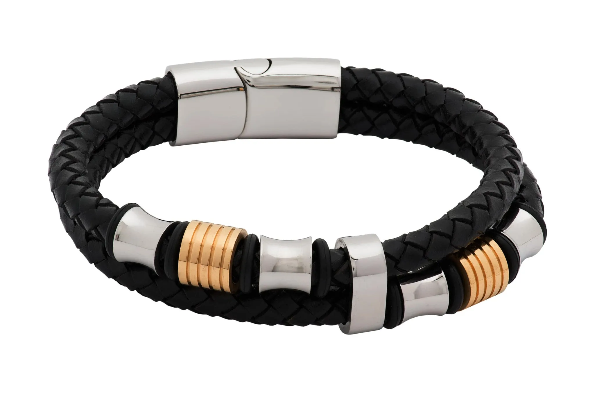 Fullerton Black Leather Silver & Gold Bracelet