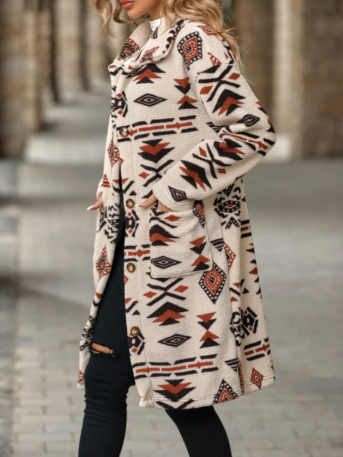 Geometric Pocketed Dropped Shoulder Coat