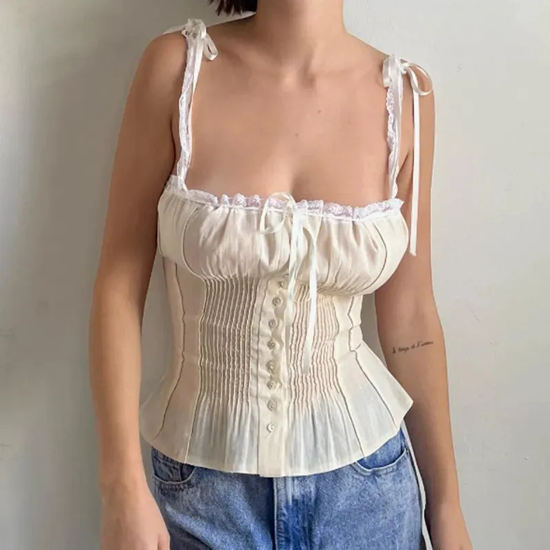 Girlary Kawaii Ribbons Bowknot Lace Trim Camisole Low Cut Button Up Slim Fit Vest Vintage Fairy Cottage Y2K Crop Tops Women