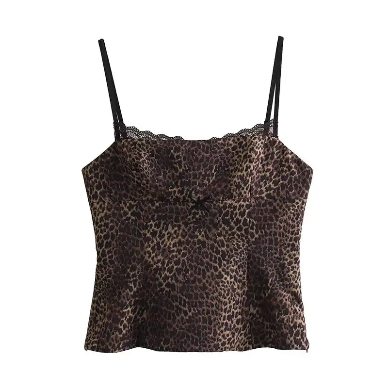 Girlary Summer Gothic Grunge Chic Sling Leopard Top Women Lace Slim Short Sexy Camis Female Fashion Sleeveless Lady Camisole Blouse 2024