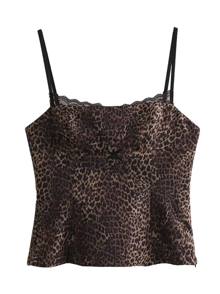 Girlary Summer Gothic Grunge Chic Sling Leopard Top Women Lace Slim Short Sexy Camis Female Fashion Sleeveless Lady Camisole Blouse 2024