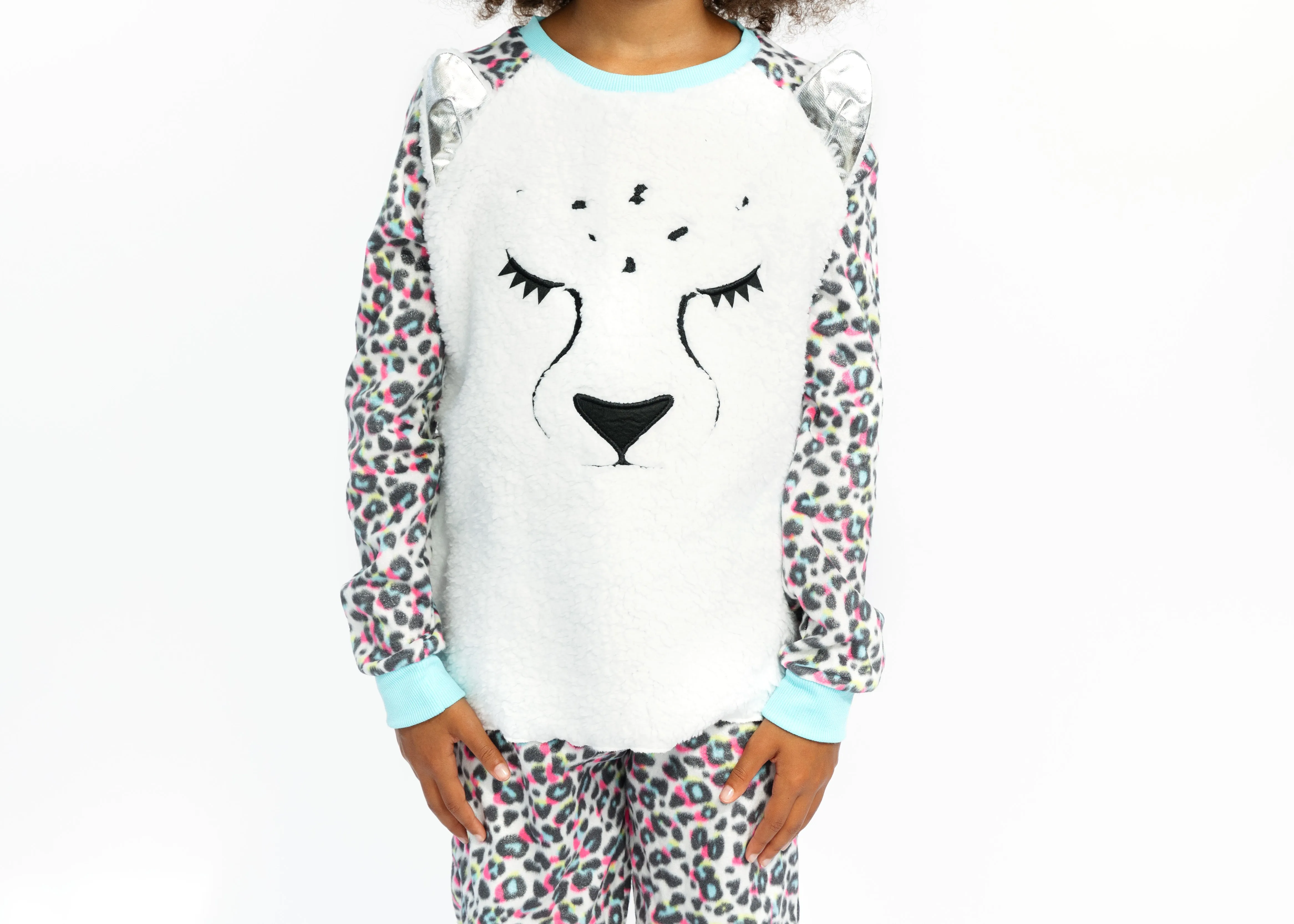 Girls Fuzzy Leopard Soft Novelty Fleece 2-Piece Pajama Sleep Pant Set