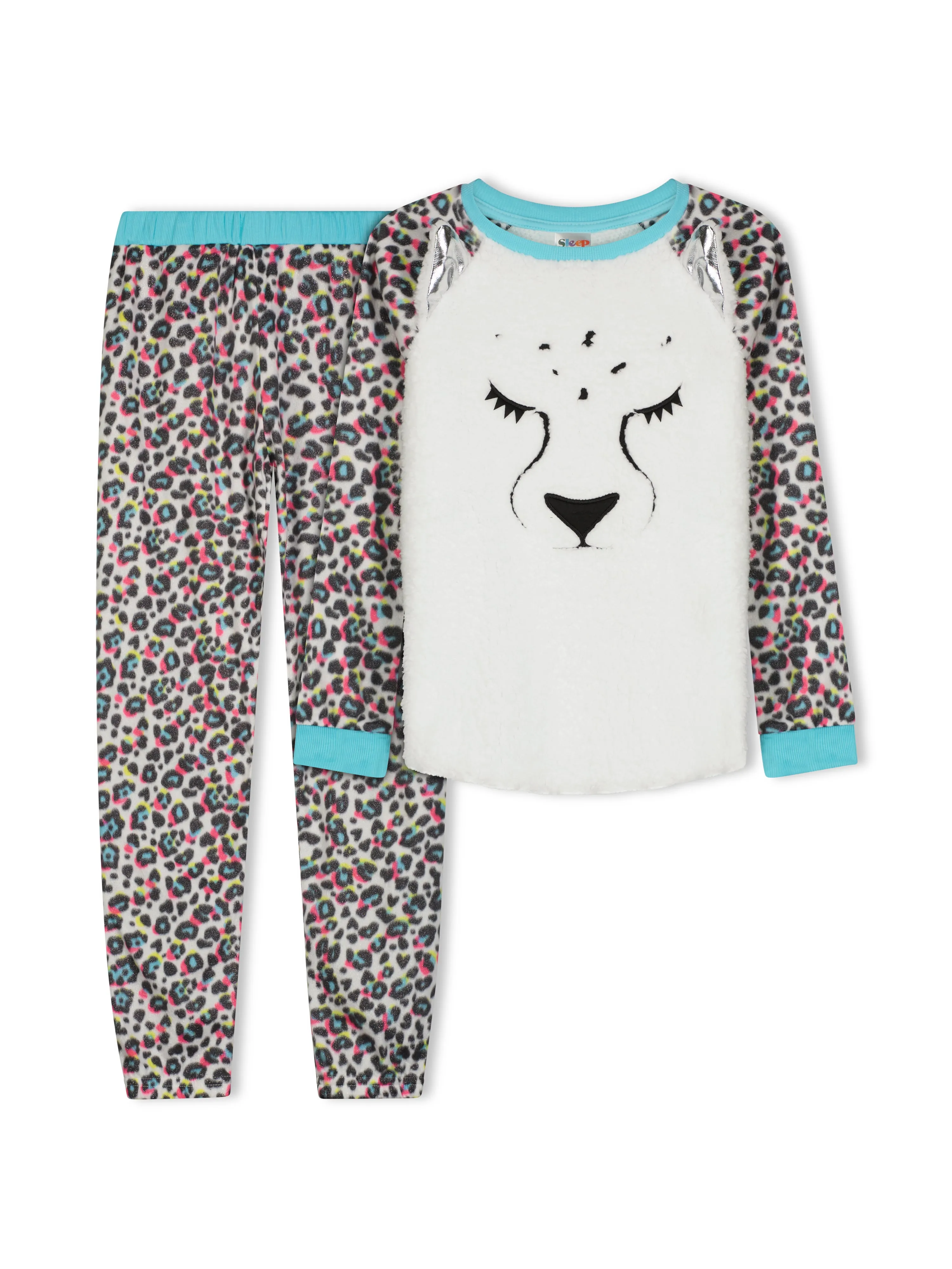 Girls Fuzzy Leopard Soft Novelty Fleece 2-Piece Pajama Sleep Pant Set