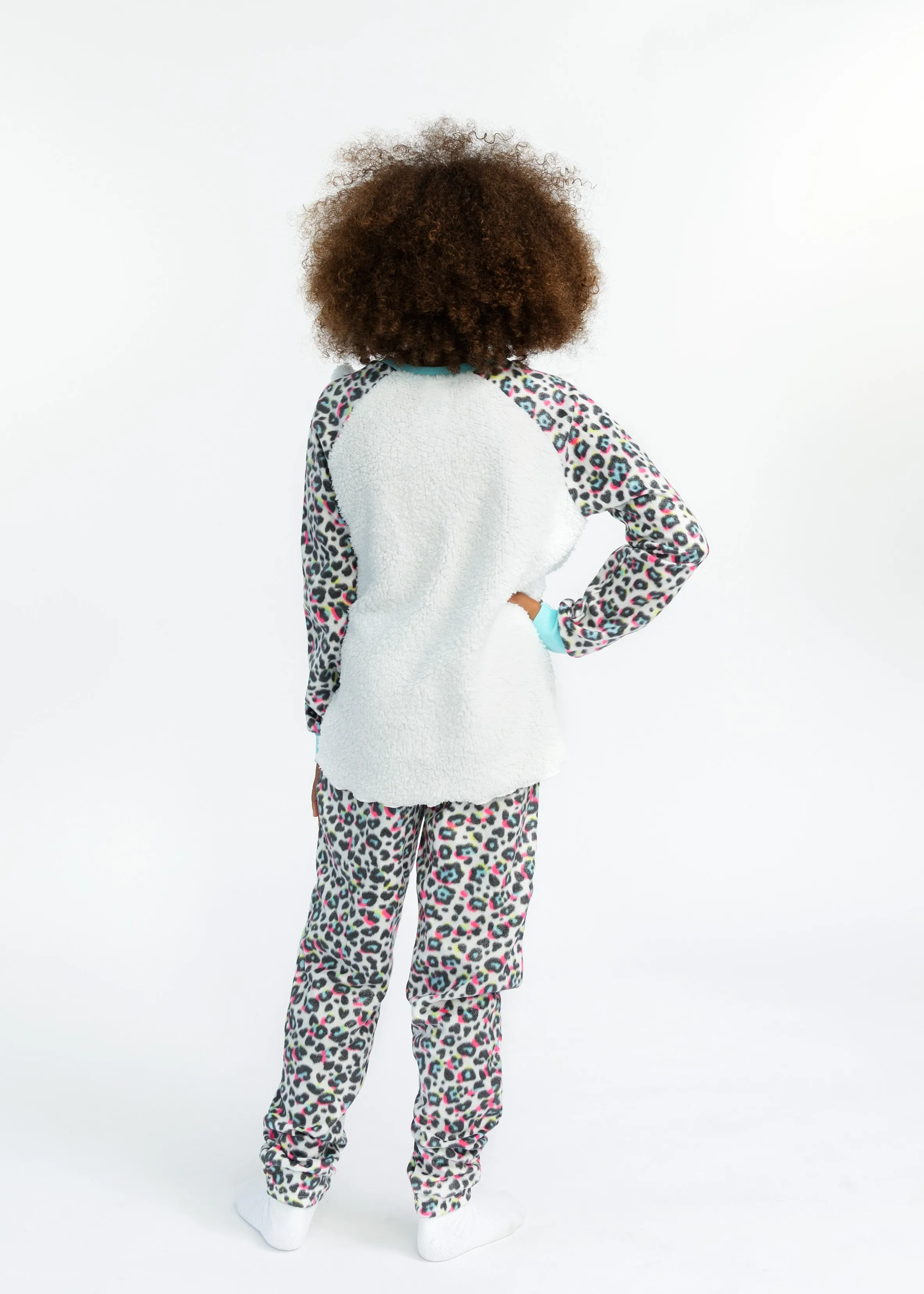 Girls Fuzzy Leopard Soft Novelty Fleece 2-Piece Pajama Sleep Pant Set