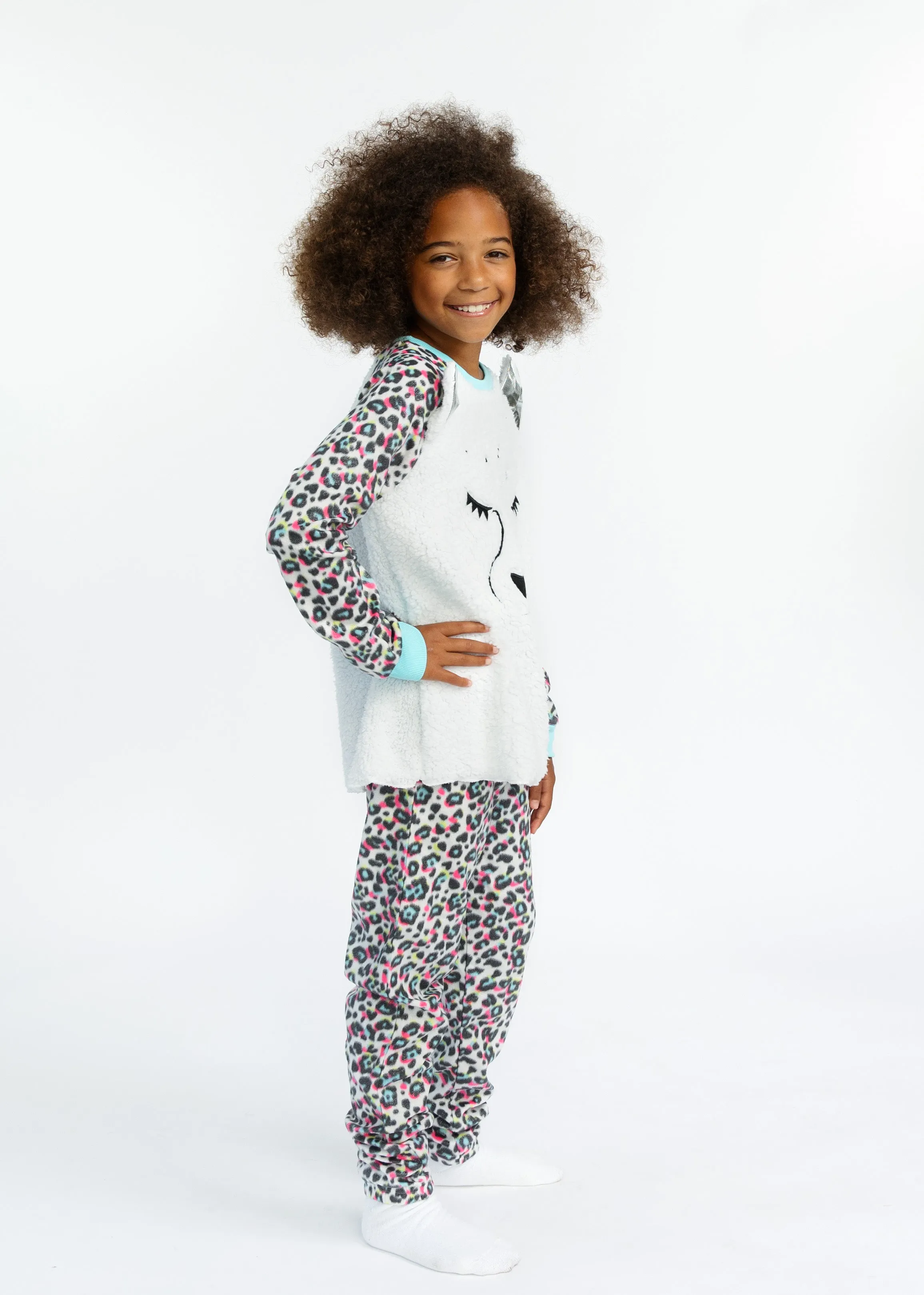 Girls Fuzzy Leopard Soft Novelty Fleece 2-Piece Pajama Sleep Pant Set