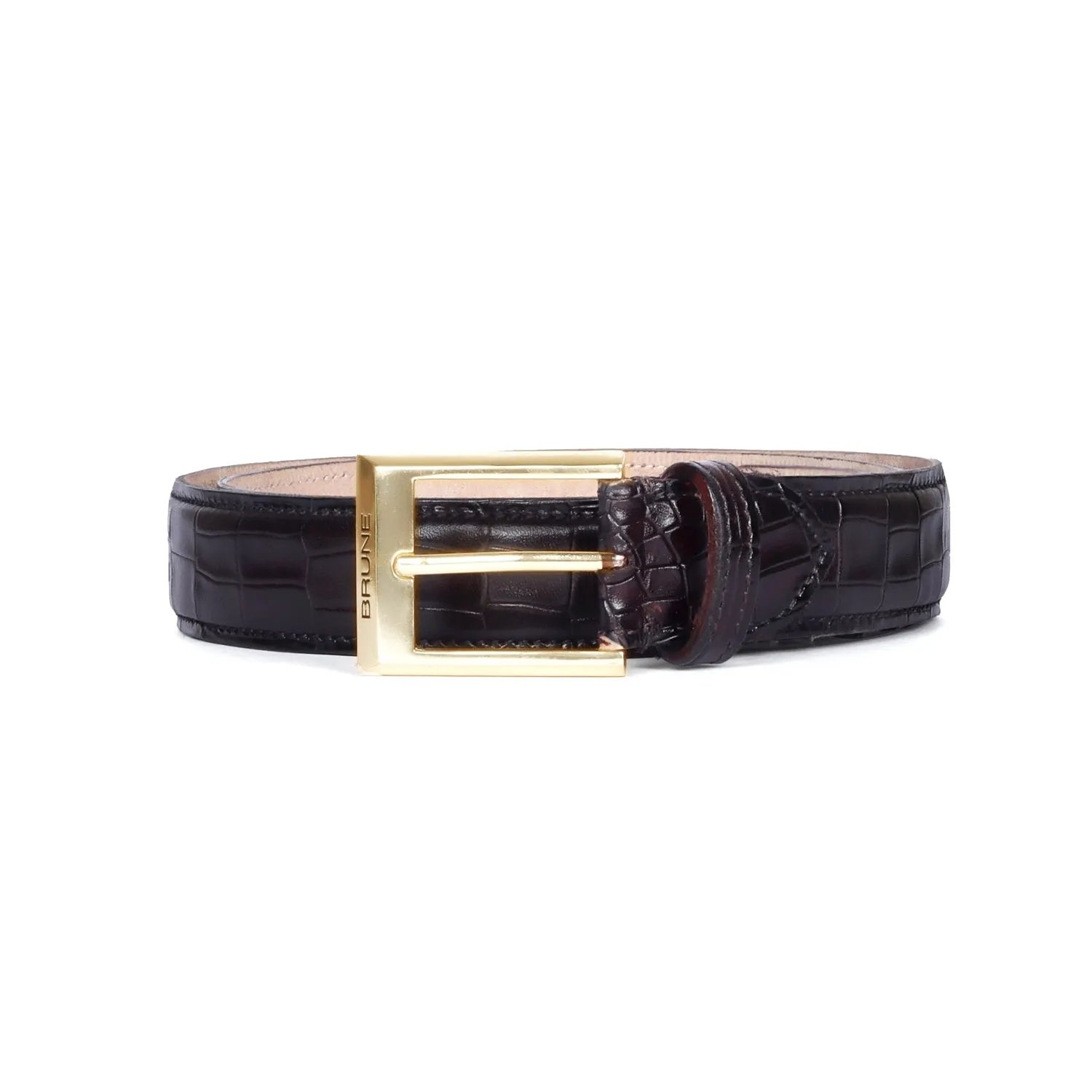 Golden Square Buckle Dark Brown Croco With Hand Painted Leather Formal Belt By Brune & Bareskin