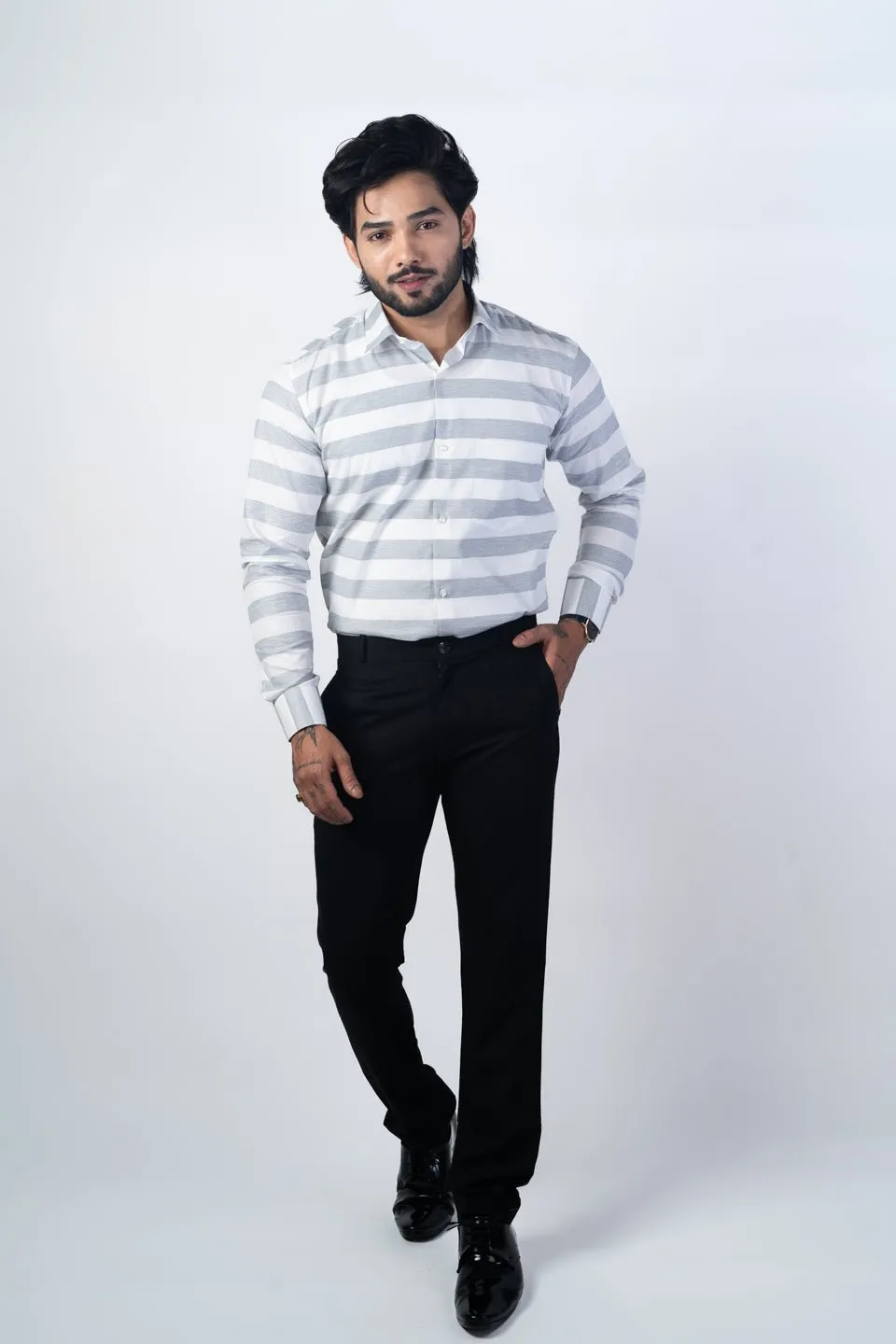 Grey Color Cotton Stripe Shirt For Men