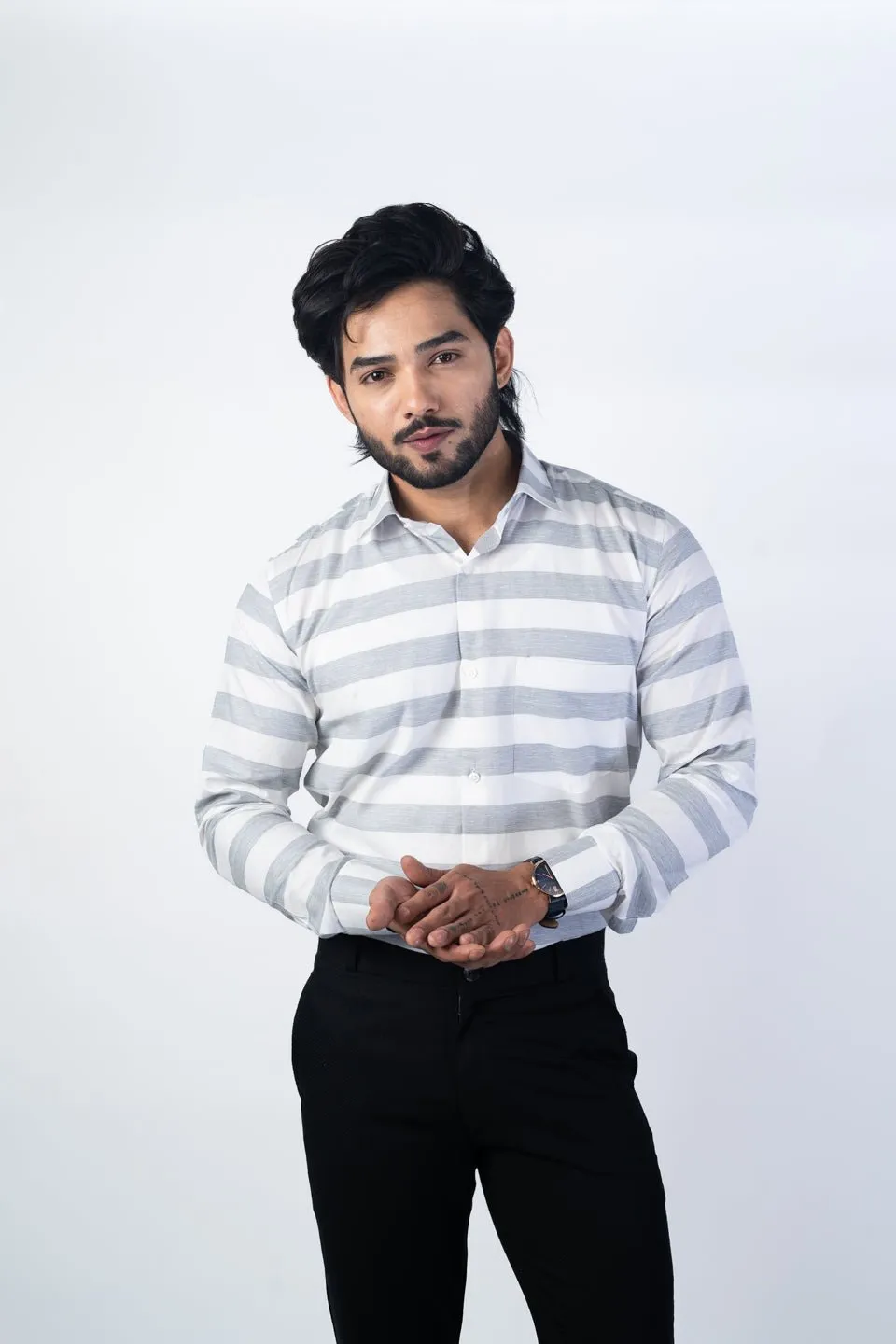 Grey Color Cotton Stripe Shirt For Men