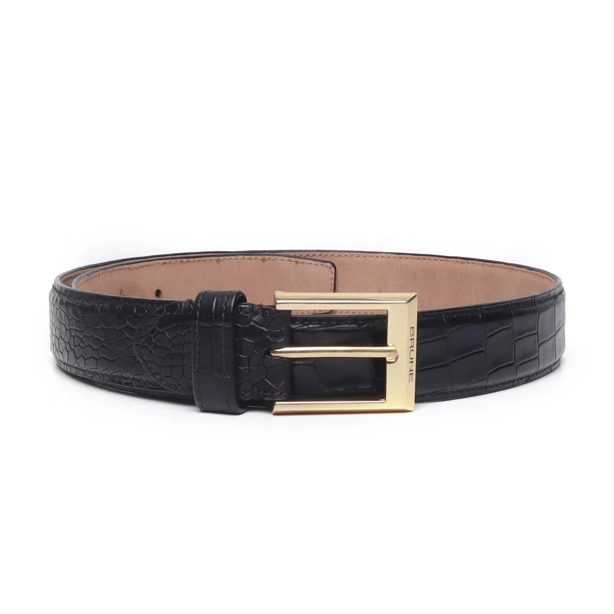 Hand Painted Leather Formal Belt Black Croco With Golden Square Buckle By Brune & Bareskin