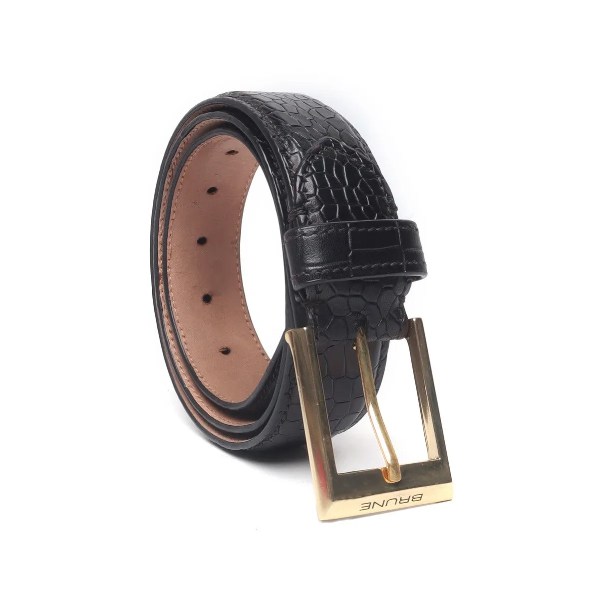 Hand Painted Leather Formal Belt Black Croco With Golden Square Buckle By Brune & Bareskin