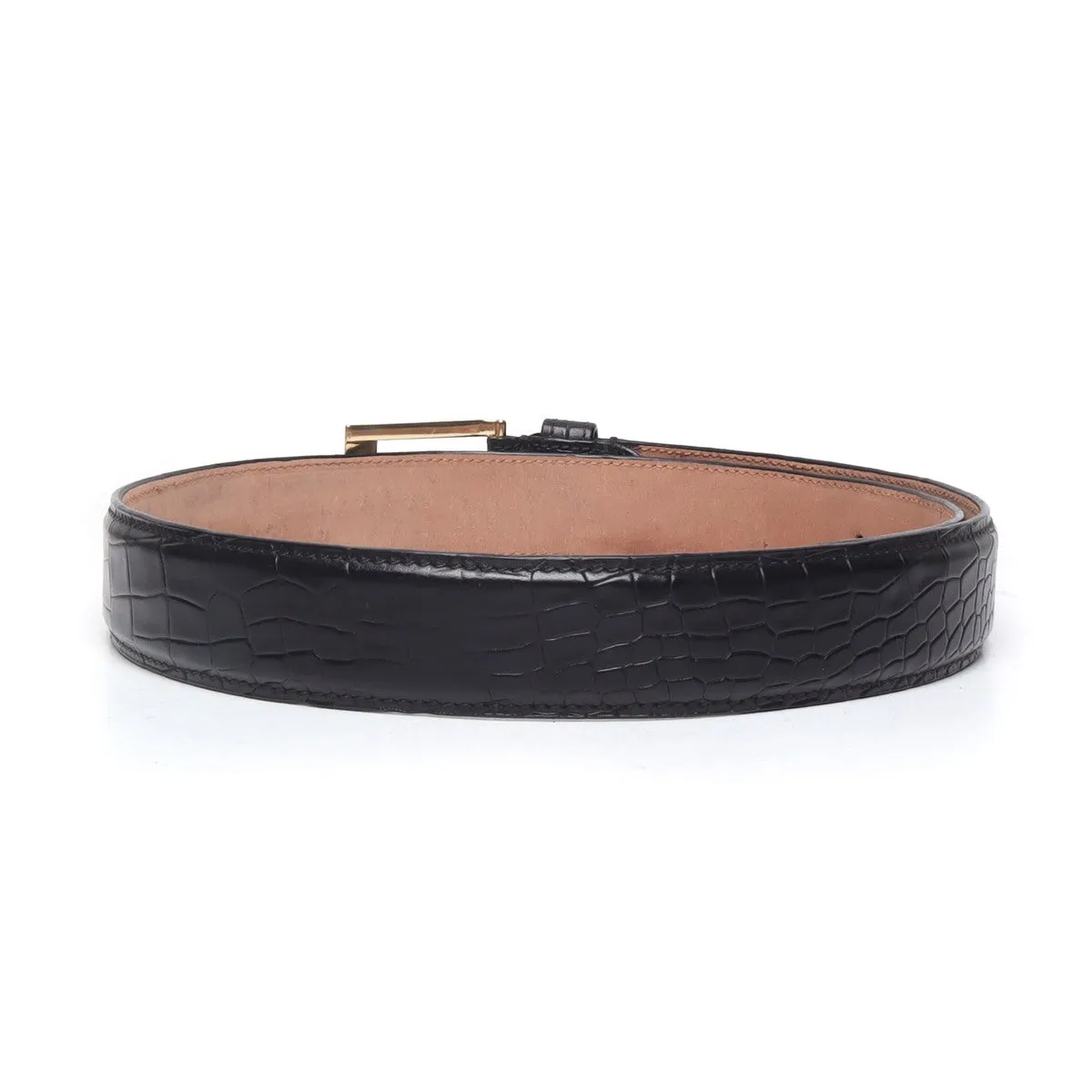 Hand Painted Leather Formal Belt Black Croco With Golden Square Buckle By Brune & Bareskin