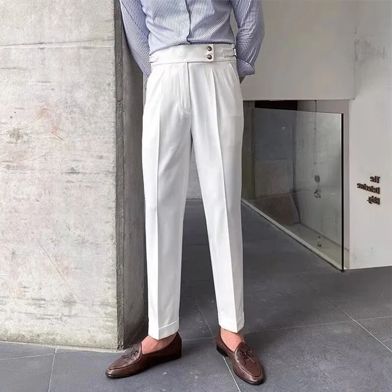 High-waist slim straight trousers