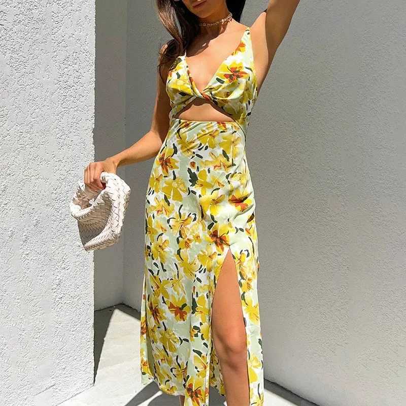 Hollow Out Dress Deep V Neck Slit Floral Print Backless Long Beachwear Sundress Casual Women Dress