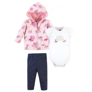 Hudson Baby Premium Quilted Hoodie, Bodysuit and Pant, Pink Navy Floral