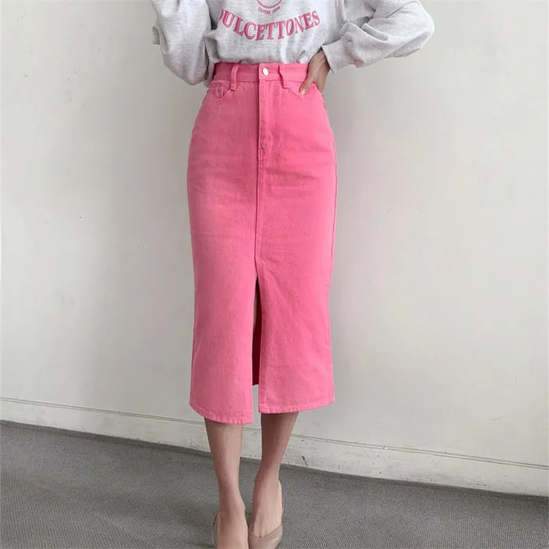 KittenAlarm - Split Jeans Skirt for Women 2024 New High Waisted Slim Korean Fashion Chic Pencil Skirt Vintage Casual Prink Midi Skirt