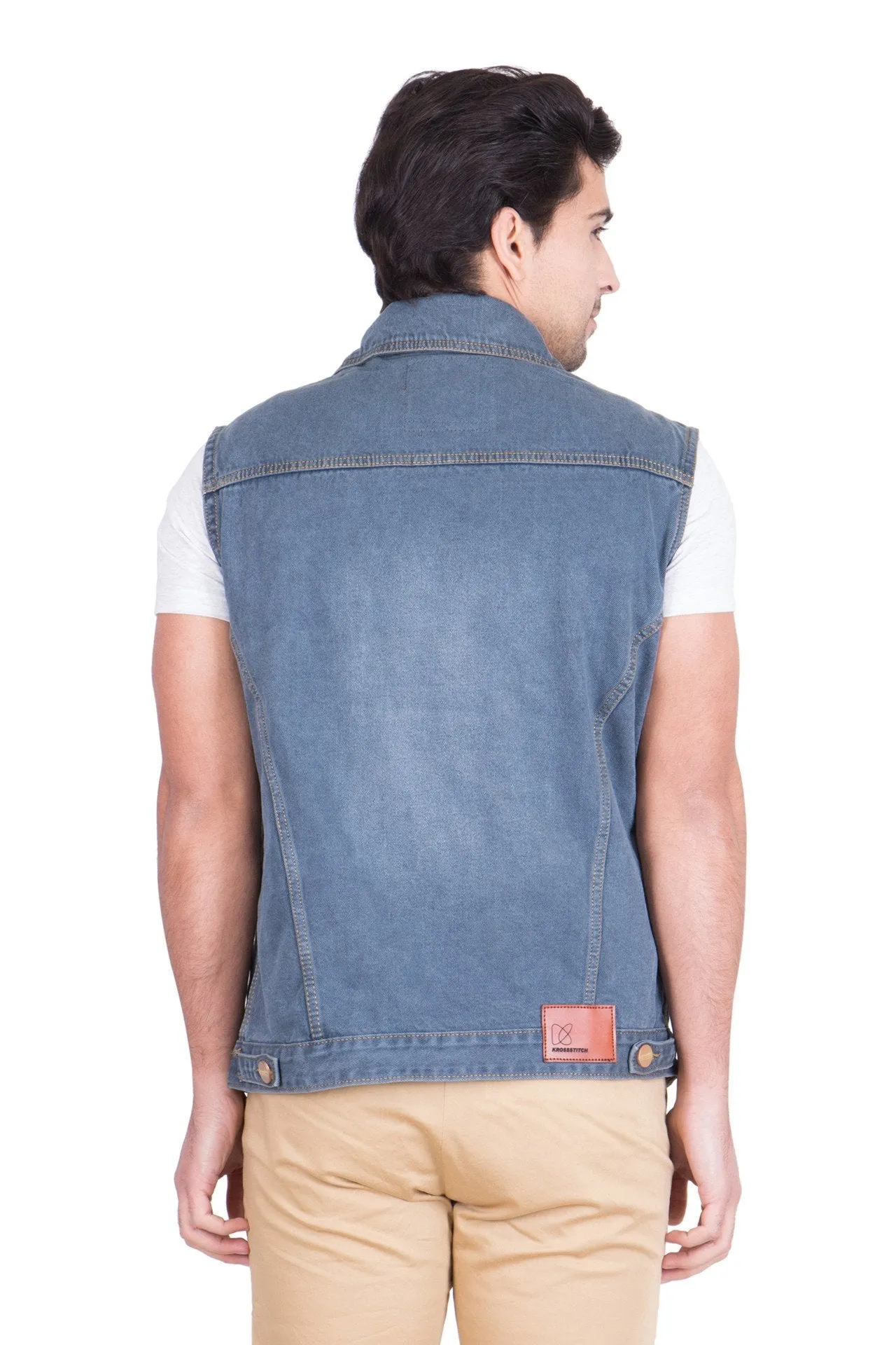 Krossstitch Sleeveless Grey Men's Denim Jacket with Brass Button