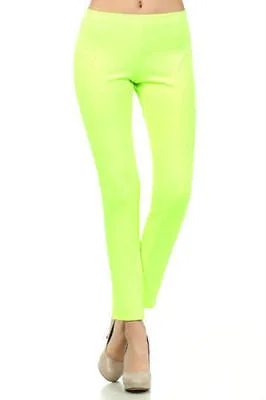 Leggings Pants Thick Scuba Neon Lime Stretch Full Length Pull On Sexy