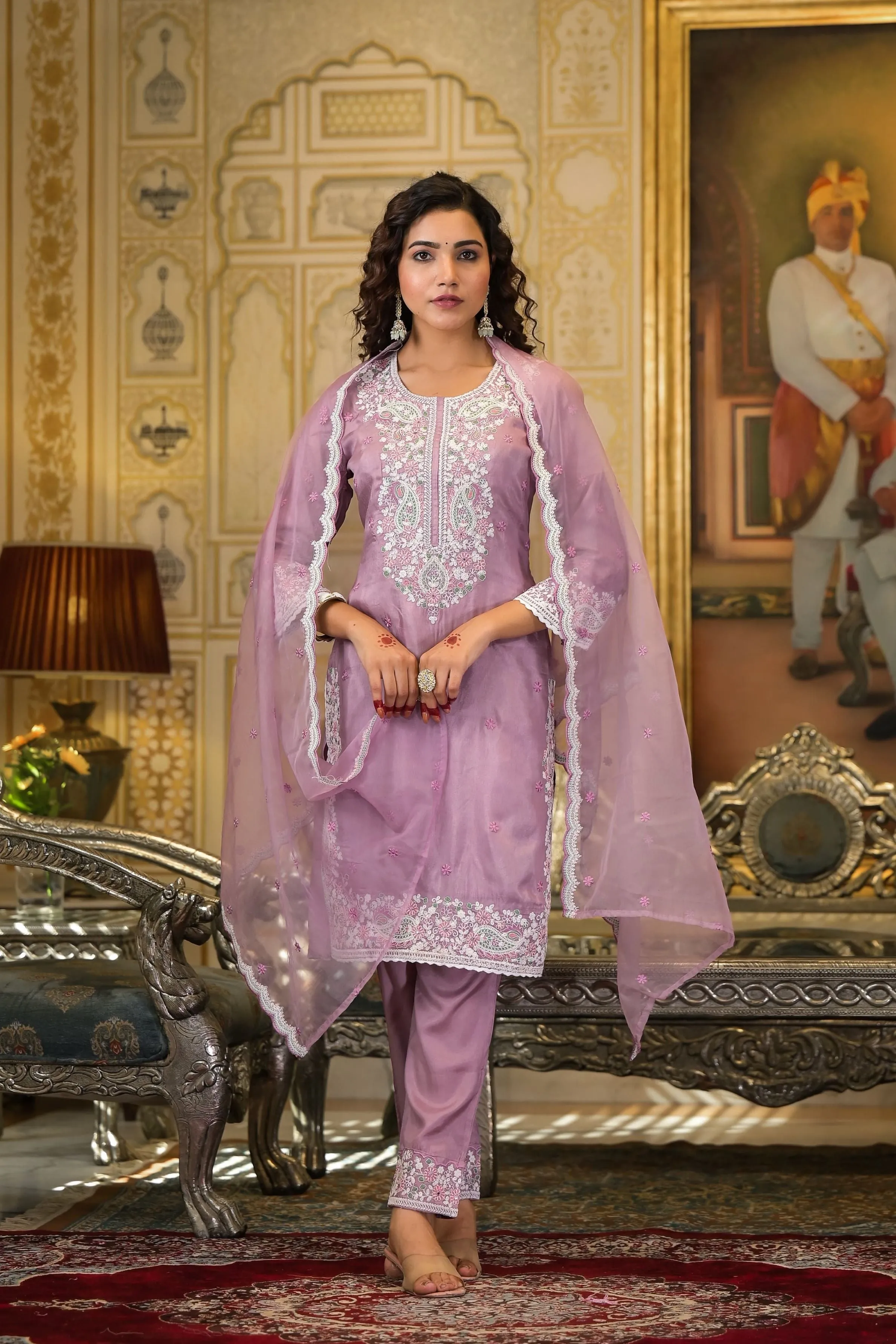 Light Mauve Embroidered Dola Silk Pants Set