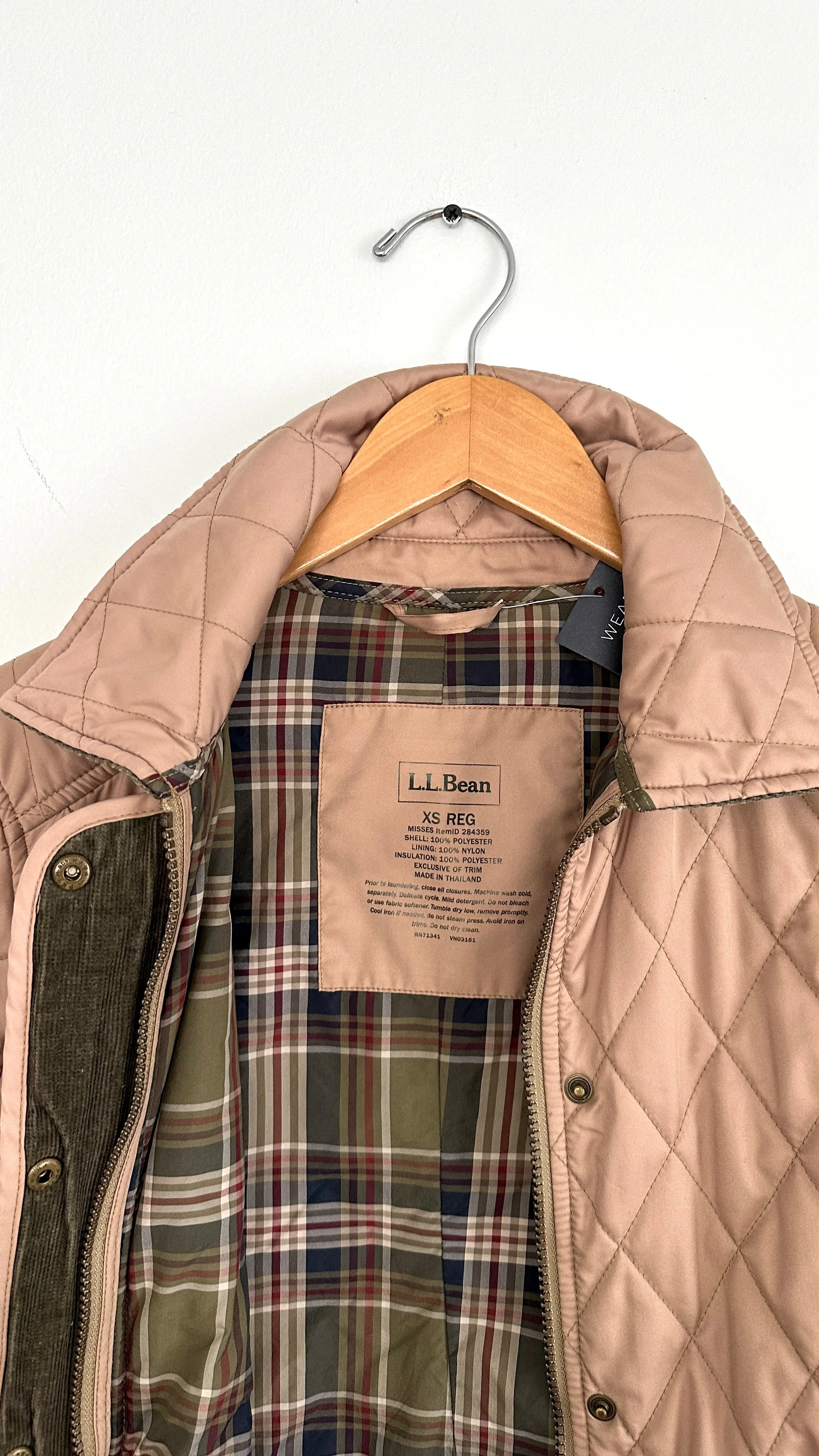 L.L. Bean Khaki Light Brown Quilted Green Corduroy Trim Riding Chore Jacket