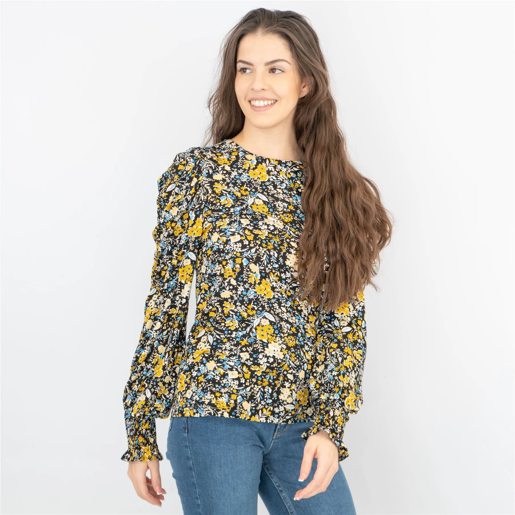 M&Co Black Floral Tops Long Sleeve Round Neck Elasticated Cuffs