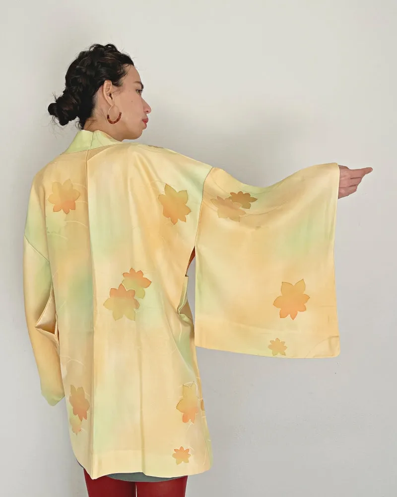 Maple Leaves on Soft Yellow Gold Haori Kimono Jacket