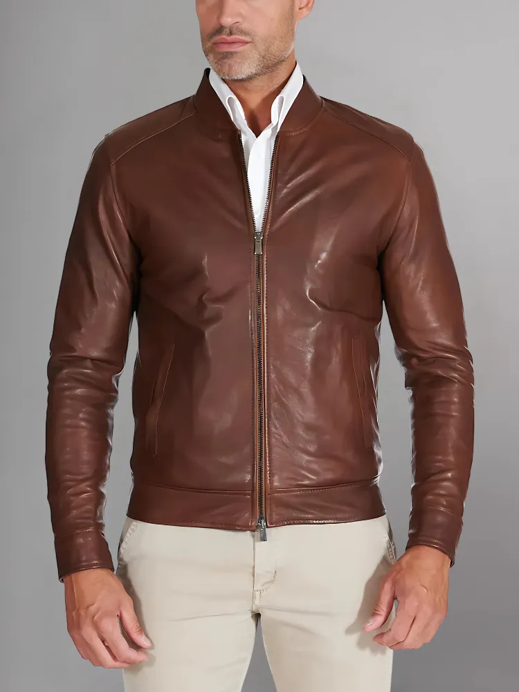 MEN’S CAFE RACER BROWN GENUINE LEATHER JACKET