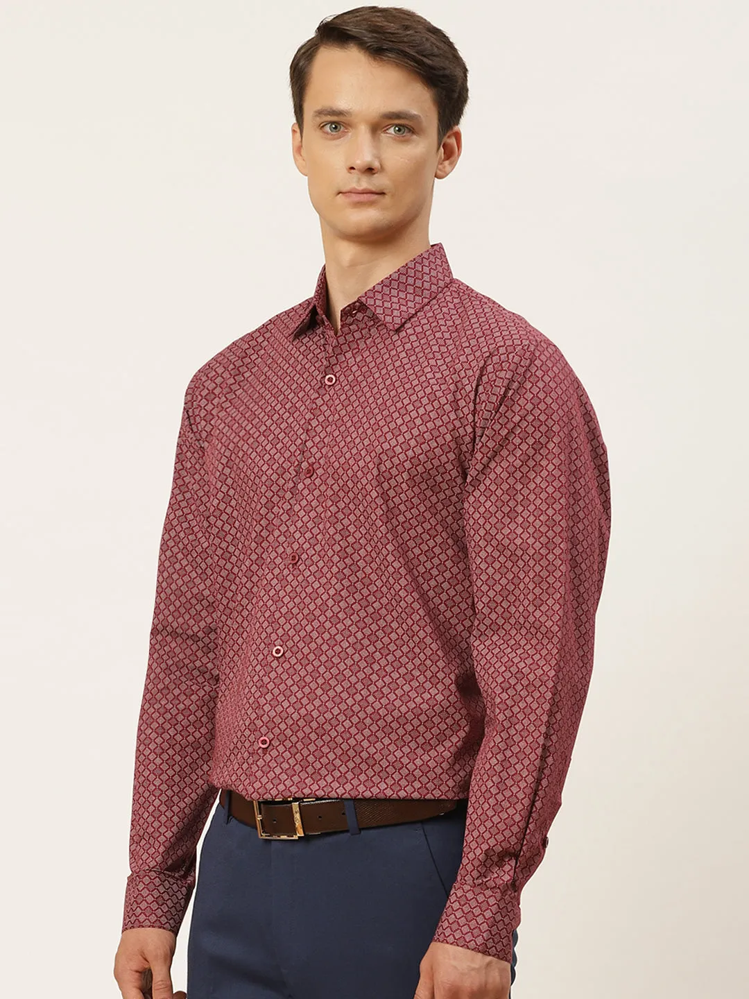 Mens Cotton Burgundy & White Printed Formal Shirt - Sojanya