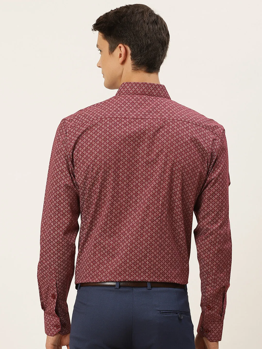 Mens Cotton Burgundy & White Printed Formal Shirt - Sojanya