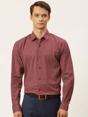 Mens Cotton Burgundy & White Printed Formal Shirt - Sojanya